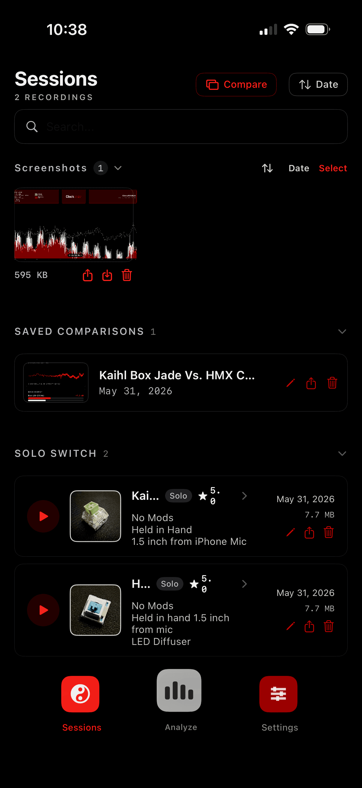 Clackalyzer Sessions screen